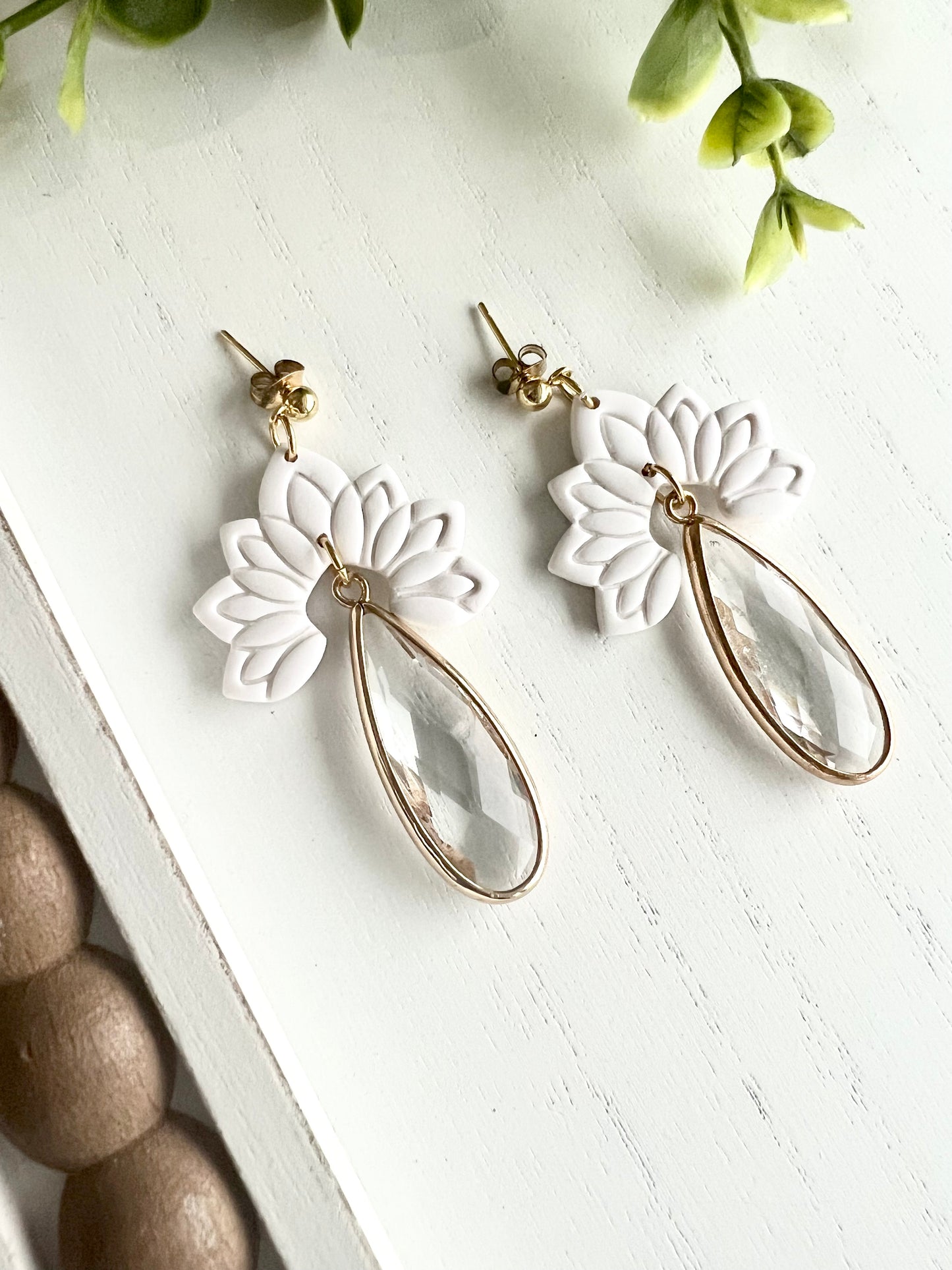 White Floral Large Crystal Dangles