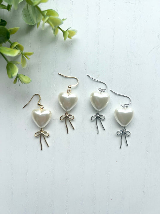 Pearl Heart Bow Dangles