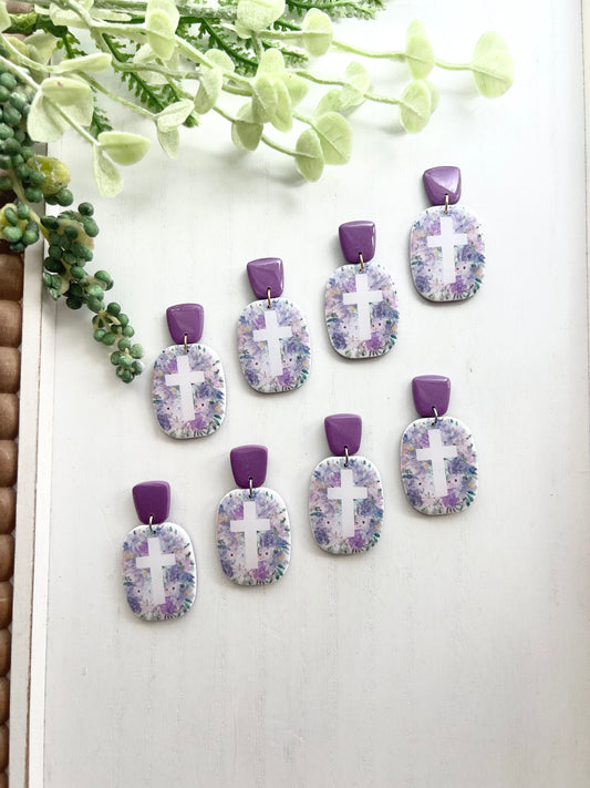 Purple Floral Print Cross Dangles