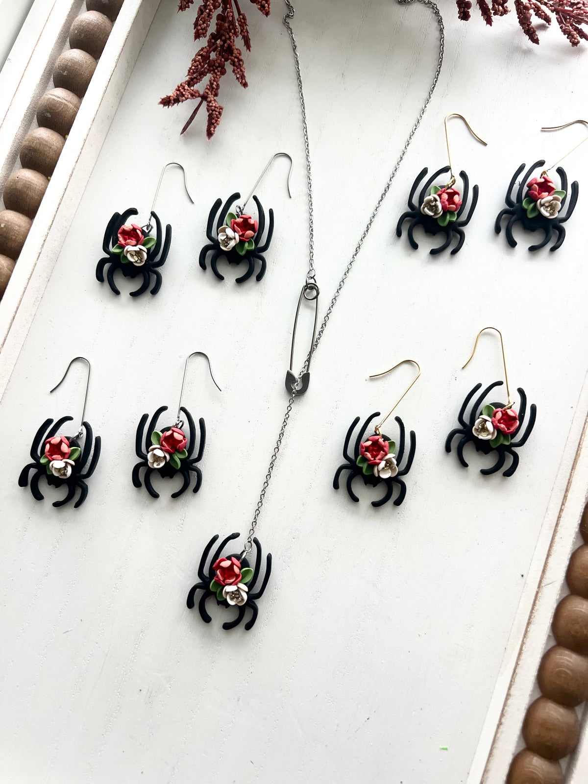 Floral Black Widow Spider Dangles and Necklaces