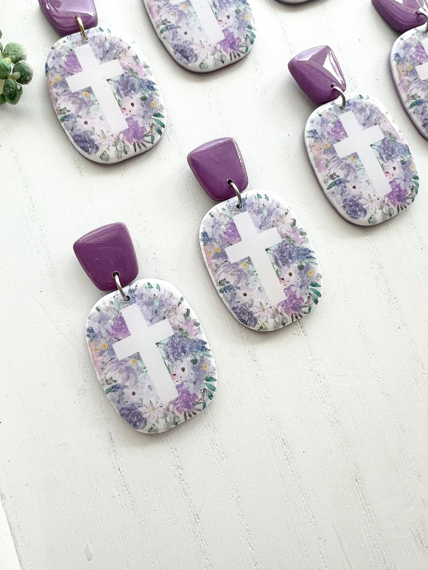 Purple Floral Print Cross Dangles