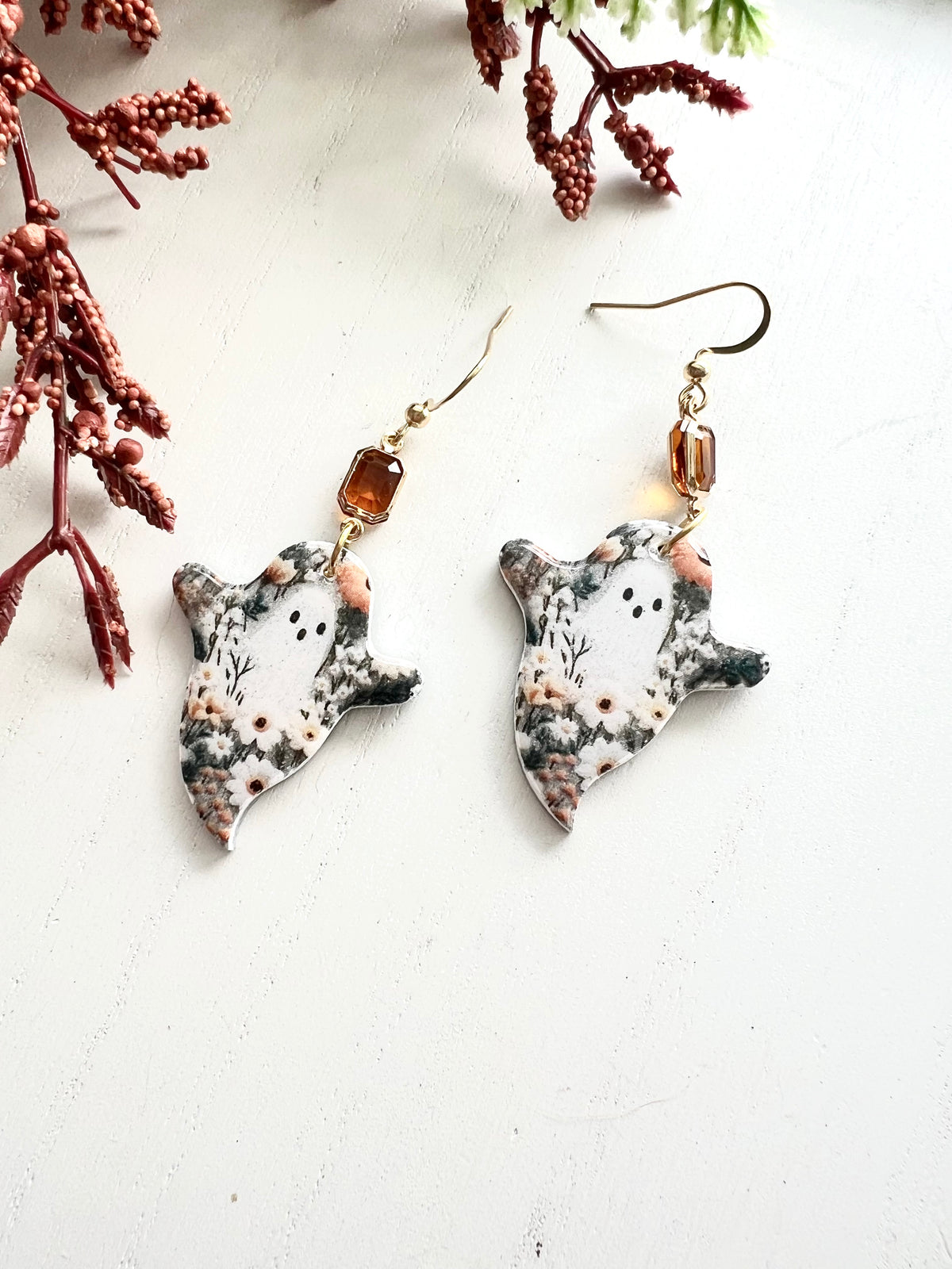 Floral Ghost Dangles with Glass Charm
