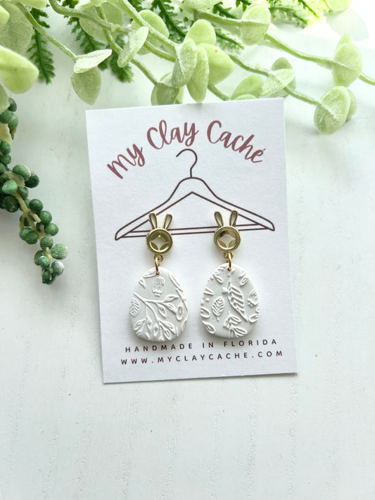 White Boho Egg Dangle with Bunny Post