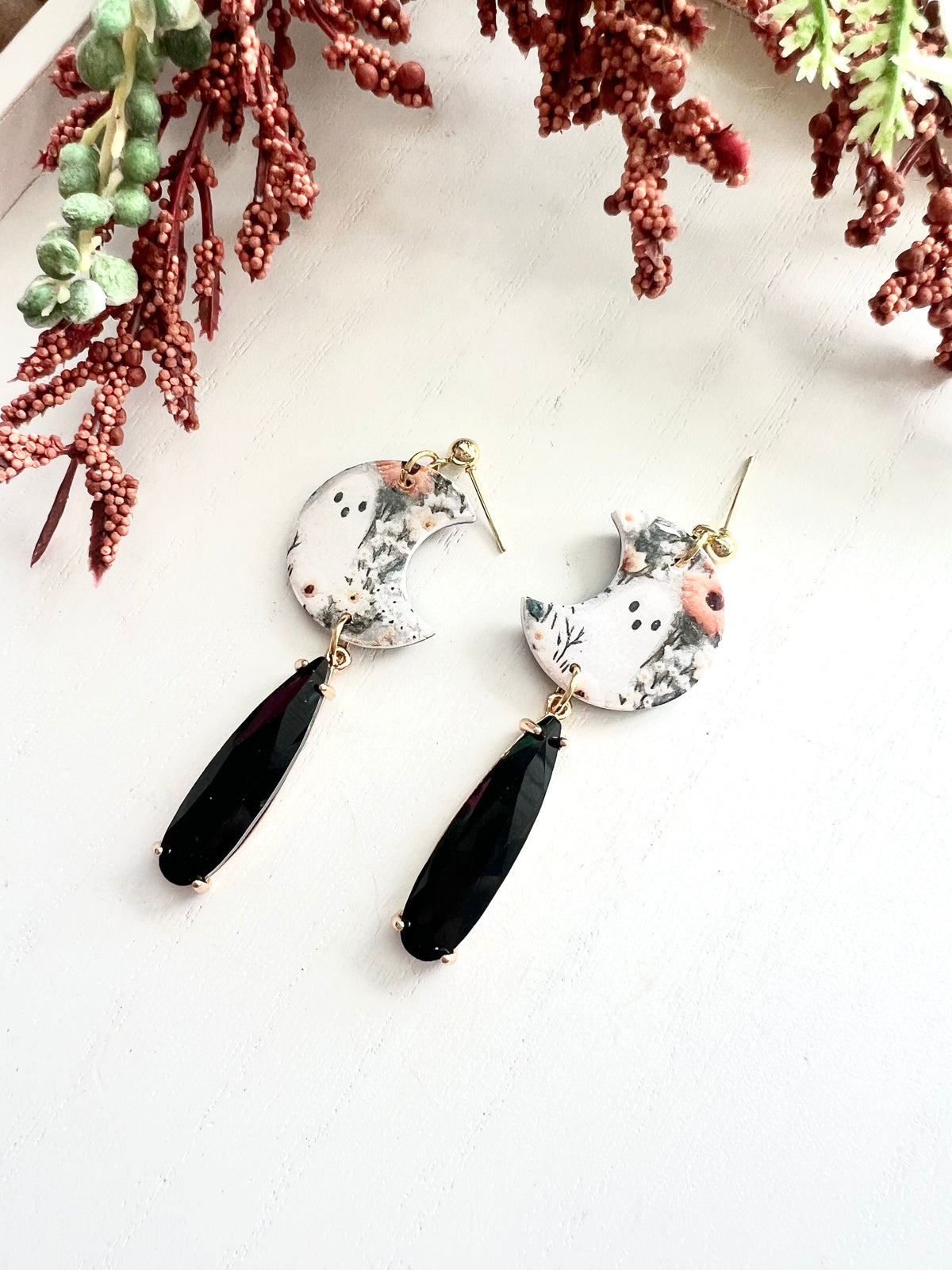 Floral Gold Ghost Moons with Black Glass Charm