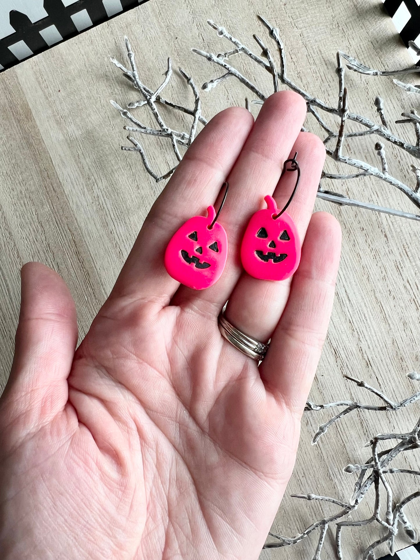 Neon Pink Jack-O-Lantern Statement Small Hoops