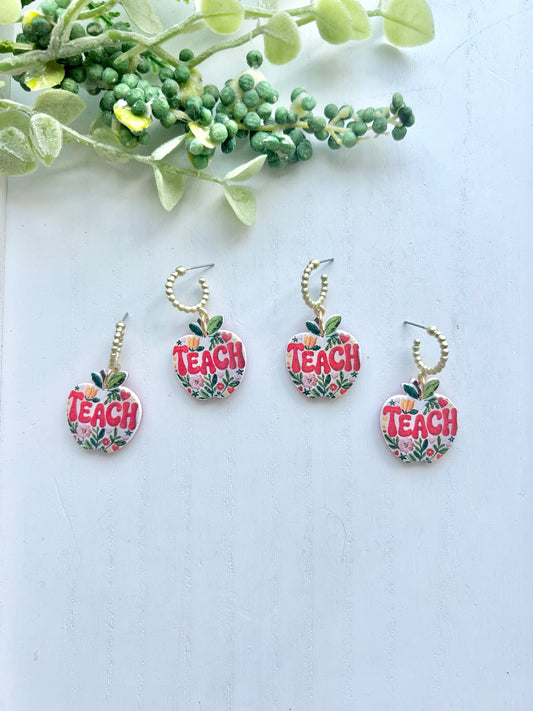"TEACH" Apple Hoop Dangles