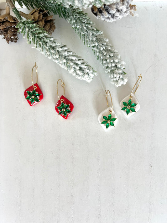 Green Poinsettia Charm Hoops