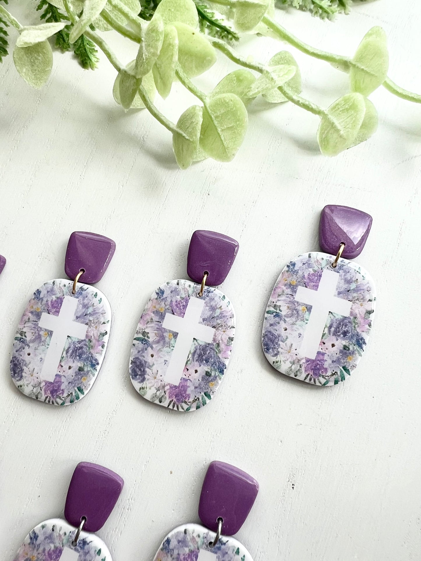 Purple Floral Print Cross Dangles
