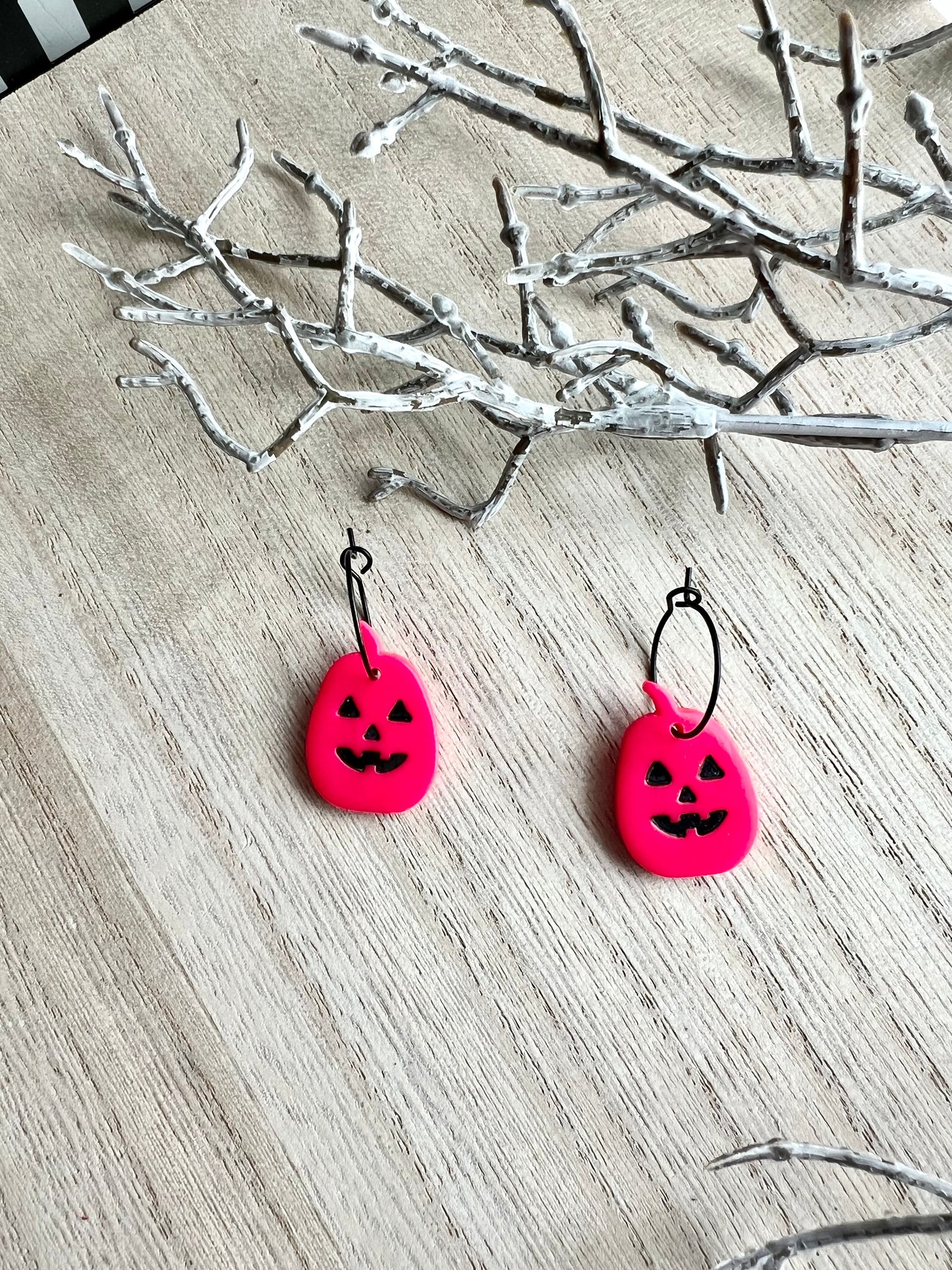 Neon Pink Jack-O-Lantern Statement Small Hoops